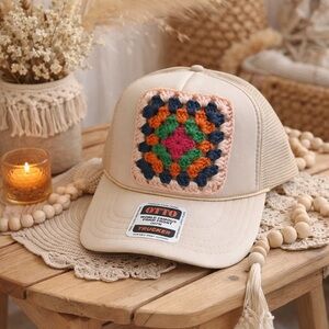 DIY Trucker Hat OTTO Boho Crochet Granny Square Patch Festive Western Hippie NEW